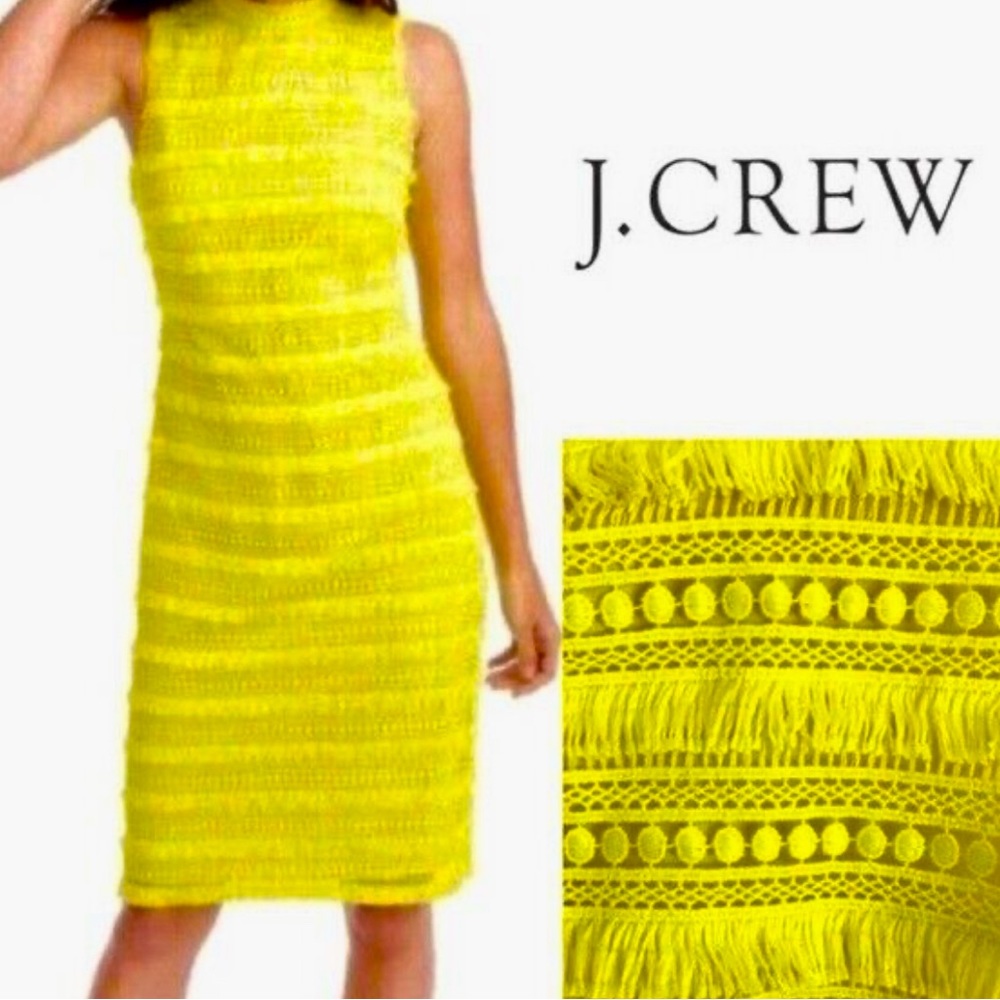 J.CREW Yellow Sheath Dress Fringe Lace Sleeveless Knee Length Party Size 2P